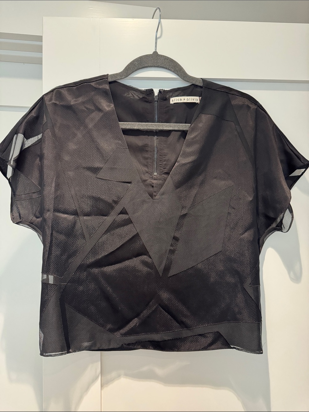 Alice + Olivia Black Sheer Geometric V-Neck Boxy Blouse
